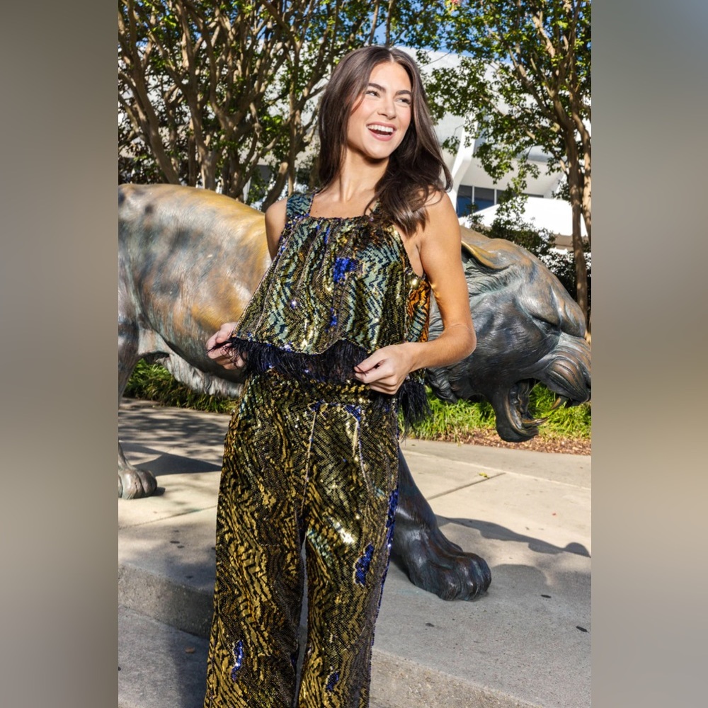 Queen of Sparkles GOLD & BLACK SEQUIN TIGER FEATHER TANK